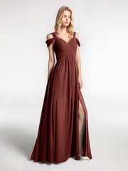 Robe Longue Taille Empire à Hors de l'Épaule avec Fente terracotta Grande Taille