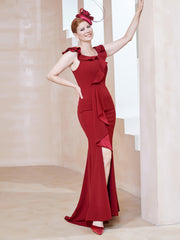 Robe Fourreau en Crêpe Stretch avec Fente Rouge