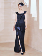 Robe Fourreau en Crêpe Stretch avec Fente Bleu Marine