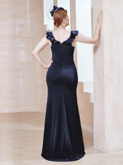 Robe Fourreau en Crêpe Stretch avec Fente Bleu Marine