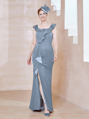 Robe Fourreau en Crêpe Stretch avec Fente Bleu Poudré Grande Taille