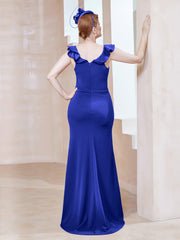 Robe Fourreau en Crêpe Stretch avec Fente Bleu Royale