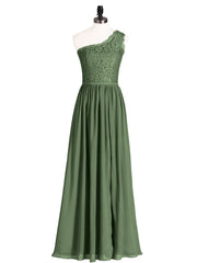 Une Epaule Mousseline et Dentelle Robe avec Fente Olive Verte Grande Taille