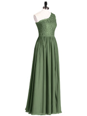 Une Epaule Mousseline et Dentelle Robe avec Fente Olive Verte