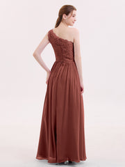Une Epaule Mousseline et Dentelle Robe avec Fente terracotta Grande Taille