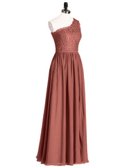 Une Epaule Mousseline et Dentelle Robe avec Fente terracotta Grande Taille