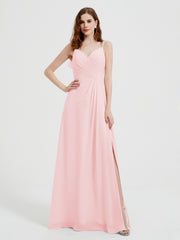 Spaghetti Bretelles Col En V Robes Avec Fente Rose Pâle