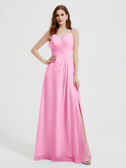 Spaghetti Bretelles Col En V Robes Avec Fente Rose Bonbon Grande Taille