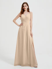 Spaghetti Bretelles Col En V Robes Avec Fente Champagne Grande Taille