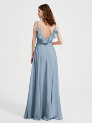 Spaghetti Bretelles Col En V Robes Avec Fente Bleu Poudré