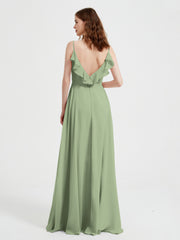 Spaghetti Bretelles Col En V Robes Avec Fente Sauge Poudrée