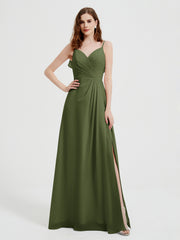 Spaghetti Bretelles Col En V Robes Avec Fente Olive Verte Grande Taille