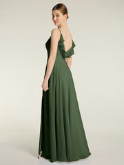 Spaghetti Bretelles Col En V Robes Avec Fente Olive Verte