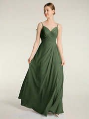 Spaghetti Bretelles Col En V Robes Avec Fente Olive Verte
