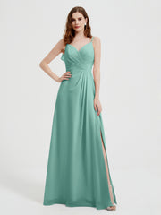 Spaghetti Bretelles Col En V Robes Avec Fente Turquoise