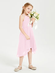 Junior Robes de Demoiselle d'Honneur Longueur de Mollet avec Jupe Asymétrique Rose Bonbon