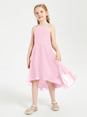 Junior Robes de Demoiselle d'Honneur Longueur de Mollet avec Jupe Asymétrique Rose Bonbon