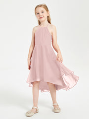 Junior Robes de Demoiselle d'Honneur Longueur de Mollet avec Jupe Asymétrique Rose Poudré