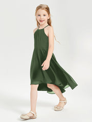Junior Robes de Demoiselle d'Honneur Longueur de Mollet avec Jupe Asymétrique Olive Verte
