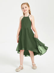 Junior Robes de Demoiselle d'Honneur Longueur de Mollet avec Jupe Asymétrique Olive Verte