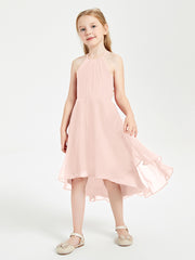 Junior Robes de Demoiselle d'Honneur Longueur de Mollet avec Jupe Asymétrique Rose Perle