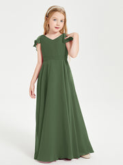 Robe de Demoiselle d'Honneur Junior en Mousseline Délicate Olive Verte
