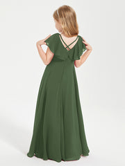 Robe de Demoiselle d'Honneur Junior en Mousseline Délicate Olive Verte