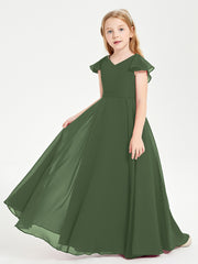 Robe de Demoiselle d'Honneur Junior en Mousseline Délicate Olive Verte