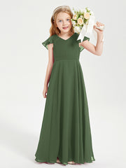 Robe de Demoiselle d'Honneur Junior en Mousseline Délicate Olive Verte