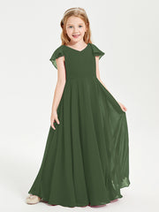 Robe de Demoiselle d'Honneur Junior en Mousseline Délicate Olive Verte