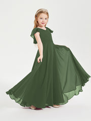 Robe de Demoiselle d'Honneur Junior en Mousseline Délicate Olive Verte
