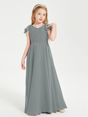 Robe de Demoiselle d'Honneur Junior en Mousseline Délicate Gris Acier