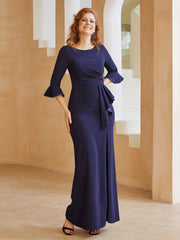 Robe Fourreau avec Fente en Crêpe Extensible Longueur au Sol à Col en Scoop Bleu Marine