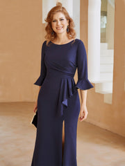 Robe Fourreau avec Fente en Crêpe Extensible Longueur au Sol à Col en Scoop Bleu Marine