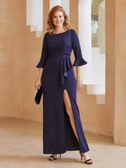 Robe Fourreau avec Fente en Crêpe Extensible Longueur au Sol à Col en Scoop Bleu Marine