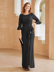 Robe Fourreau avec Fente en Crêpe Extensible Longueur au Sol à Col en Scoop Noir Grande Taille