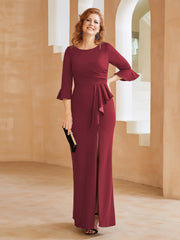 Robe Fourreau avec Fente en Crêpe Extensible Longueur au Sol à Col en Scoop Bordeaux Grande Taille