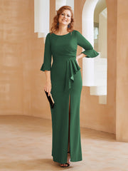 Robe Fourreau avec Fente en Crêpe Extensible Longueur au Sol à Col en Scoop Vert Foncé
