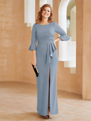 Robe Fourreau avec Fente en Crêpe Extensible Longueur au Sol à Col en Scoop Bleu Poudré