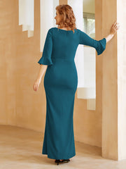 Robe Fourreau avec Fente en Crêpe Extensible Longueur au Sol à Col en Scoop Bleu Encre Grande Taille