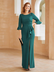 Robe Fourreau avec Fente en Crêpe Extensible Longueur au Sol à Col en Scoop Paon Grande Taille