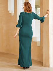 Robe Fourreau avec Fente en Crêpe Extensible Longueur au Sol à Col en Scoop Paon