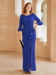 Robe Fourreau avec Fente en Crêpe Extensible Longueur au Sol à Col en Scoop Bleu Royale Grande Taille