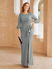 Robe Fourreau avec Fente en Crêpe Extensible Longueur au Sol à Col en Scoop Gris Acier