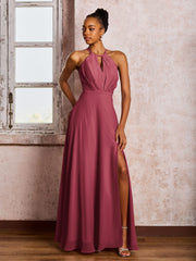 Maxi Robe en Mousseline à Col Licou et Dos Ouvert avec Nœud et Fente Cannelle Rose