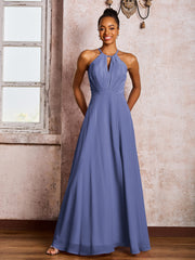 Maxi Robe en Mousseline à Col Licou et Dos Ouvert avec Nœud et Fente Pervenche