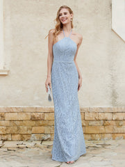 Robe Fourreau en Dentelle Longueur au Sol à Col Licou Bleu Poudré Grande Taille