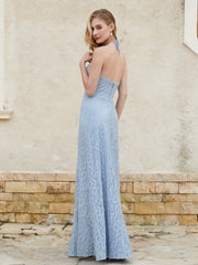 Robe Fourreau en Dentelle Longueur au Sol à Col Licou Bleu Poudré Grande Taille