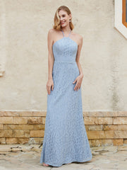 Robe Fourreau en Dentelle Longueur au Sol à Col Licou Bleu Poudré