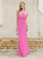 Robe Fourreau en Dentelle Longueur au Sol à Col Licou Azalée Grande Taille